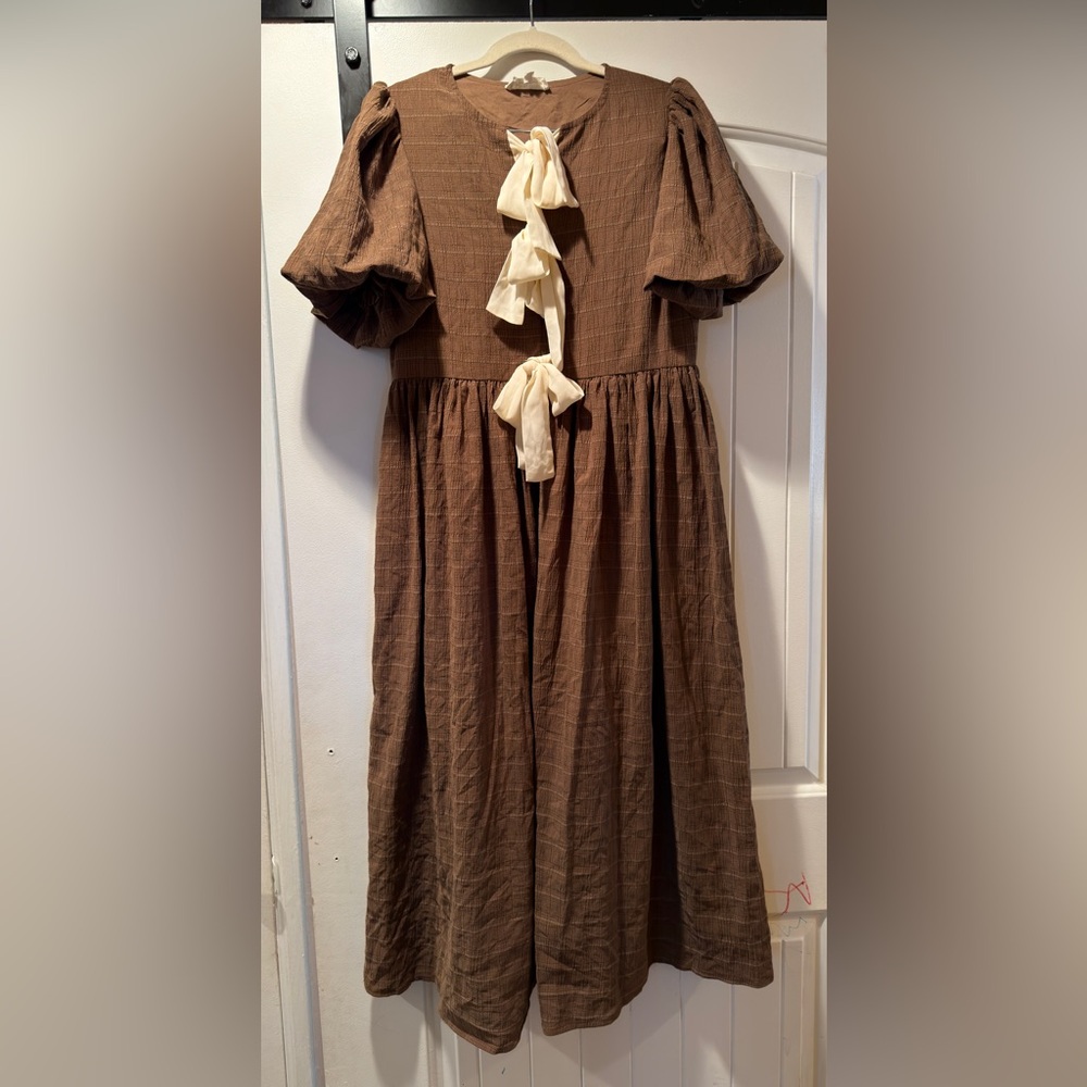 Brown Midi Dress with Cream Bow-Tie Front
